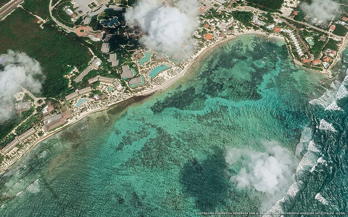 Illustrazione aerea della spiaggia Akumal, Akumal, Caraibi messicani
