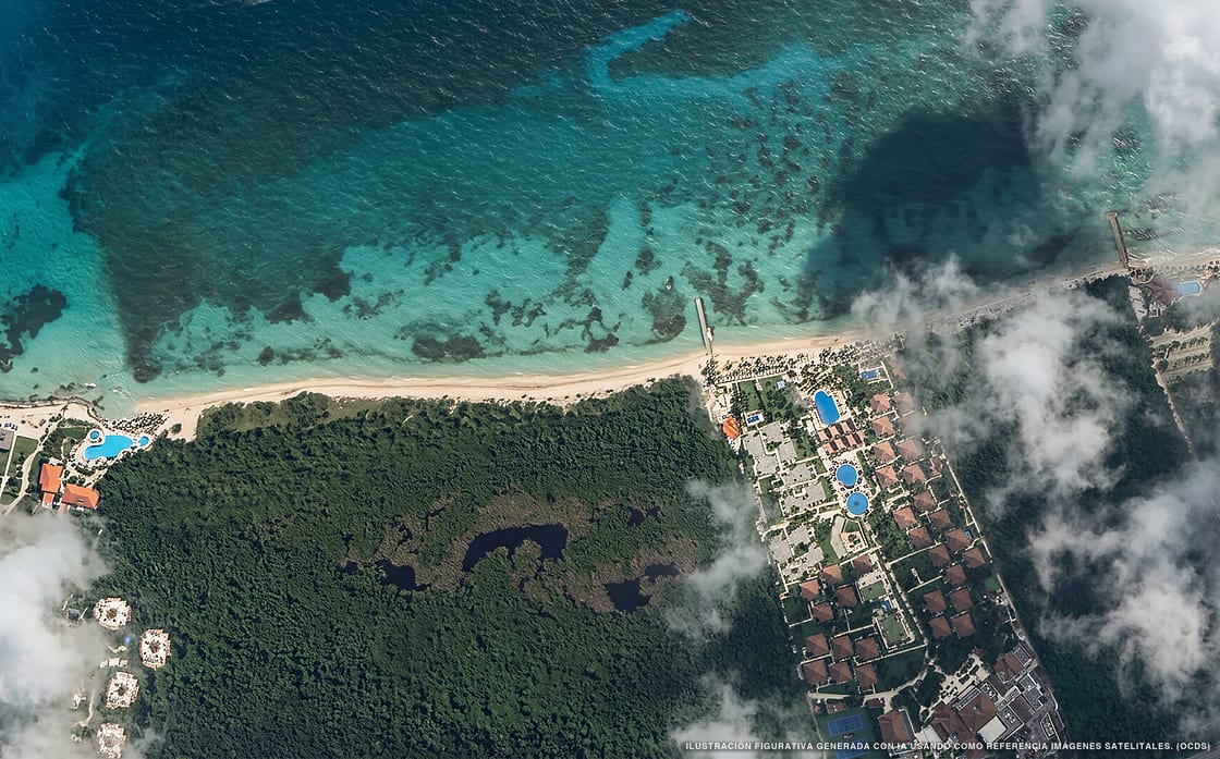 Illustrazione aerea della spiaggia Alegro, Cozumel, Caraibi messicani