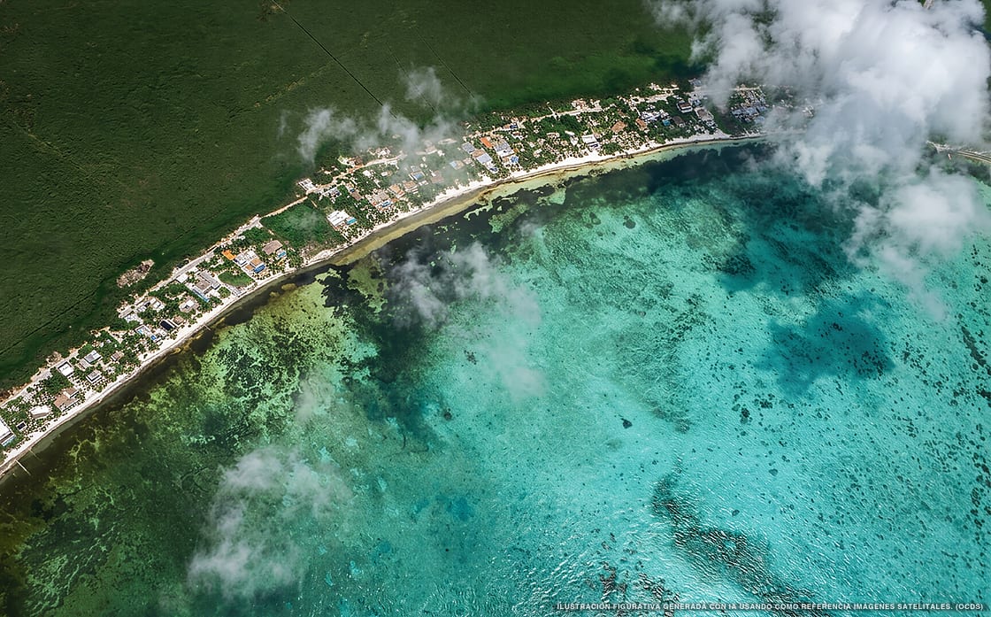 Illustrazione aerea della spiaggia Bahía Soliman, Tulum, Caraibi messicani