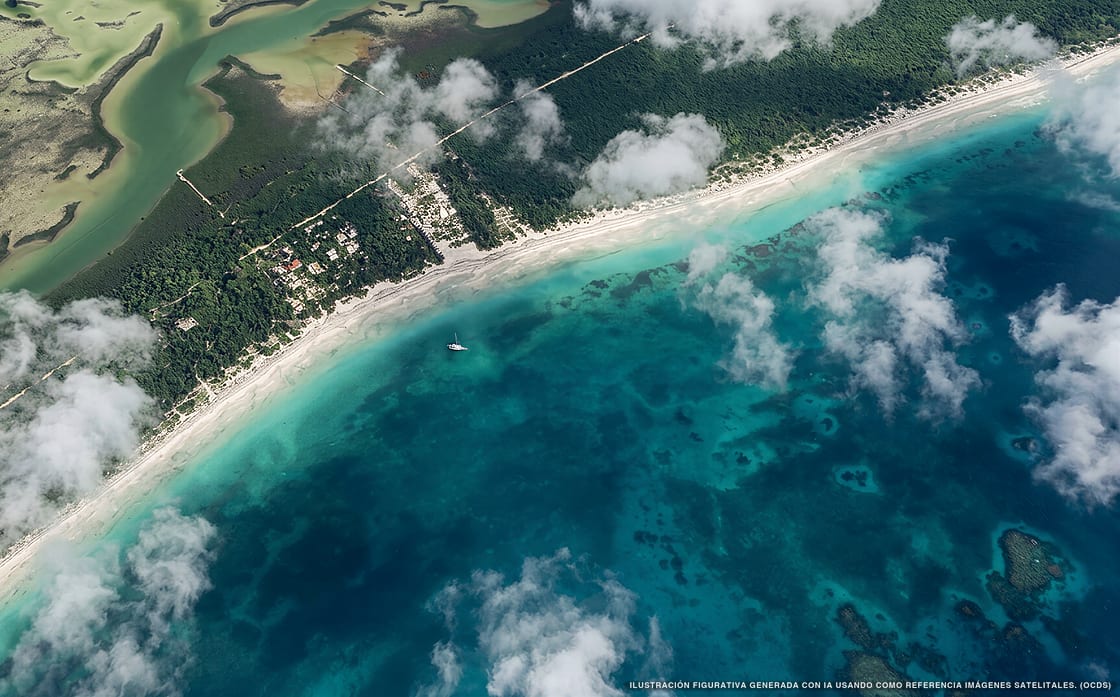 Illustrazione aerea della spiaggia Boca Paila Norte, Sian Kaan, Caraibi messicani