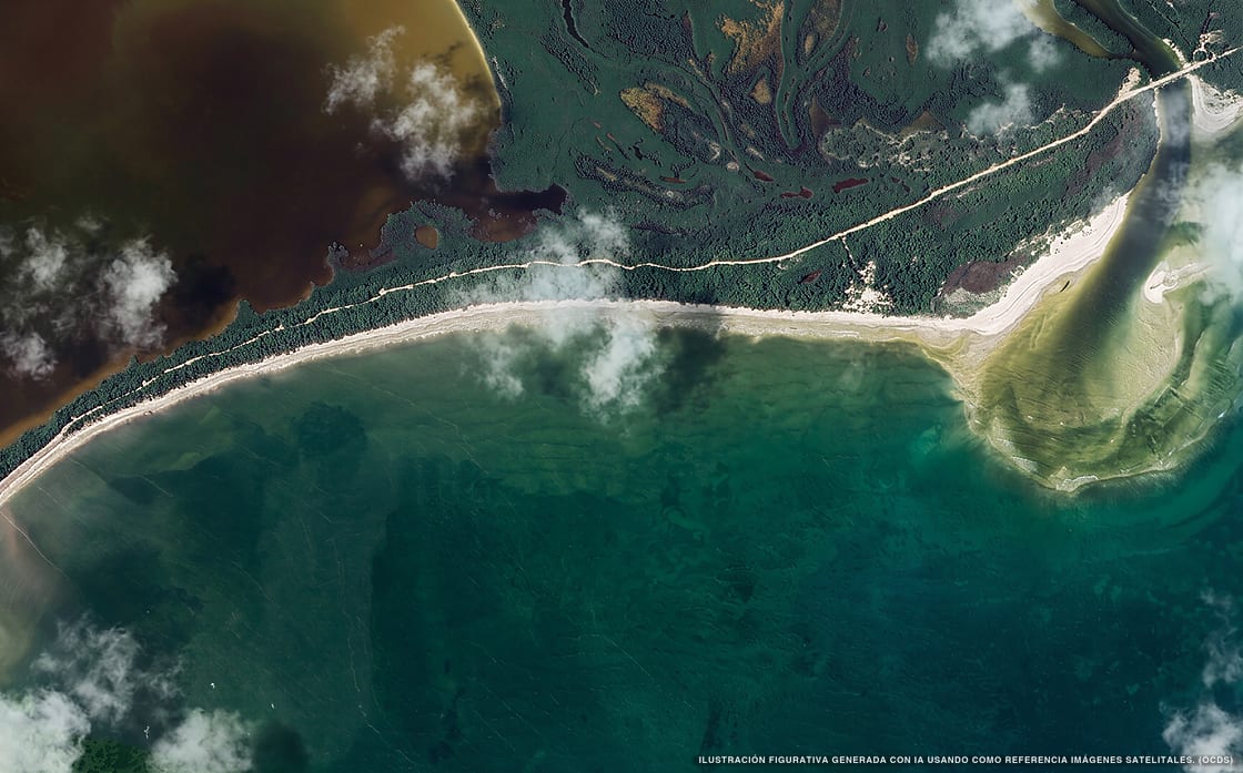 Illustrazione aerea della spiaggia Boca Paila Sur, Sian Kaan, Caraibi messicani