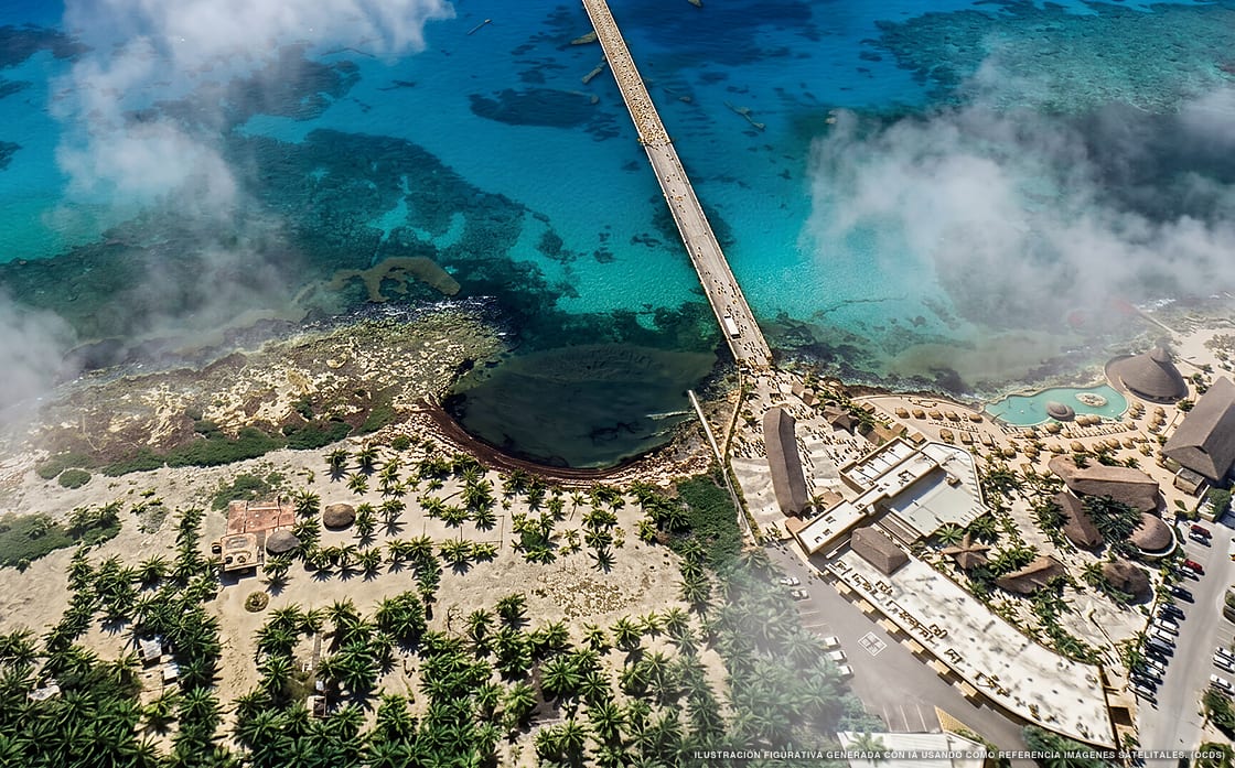 Ilustración aérea de la playa Caleta Costa Maya, Mahahual, Caribe Mexicano