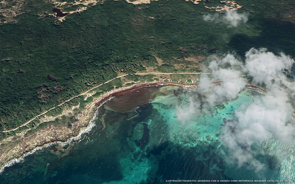 Ilustración aérea de la playa Caleta Escondida, Mahahual, Caribe Mexicano