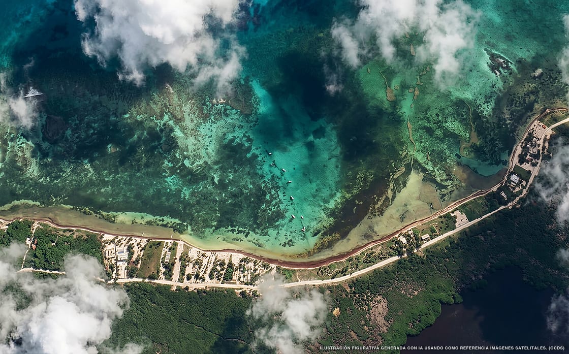 Illustrazione aerea della spiaggia Caleta Río Indio Norte, Costa Maya, Caraibi messicani
