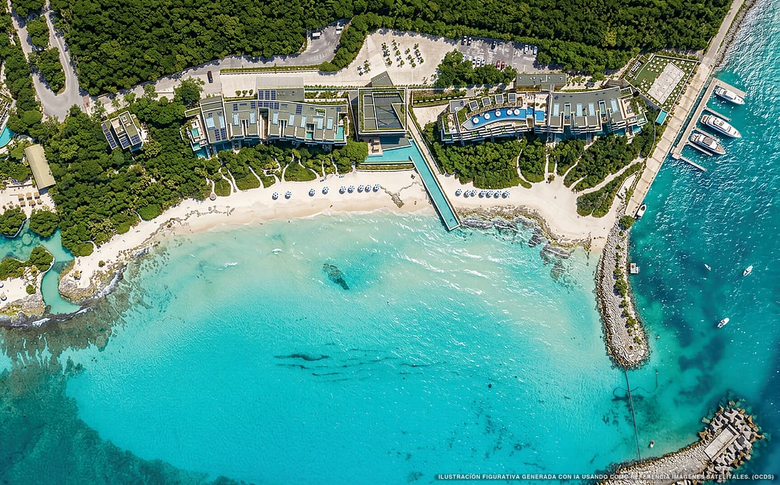 Illustrazione aerea della spiaggia Casa Xcaret, Riviera Maya, Caraibi messicani