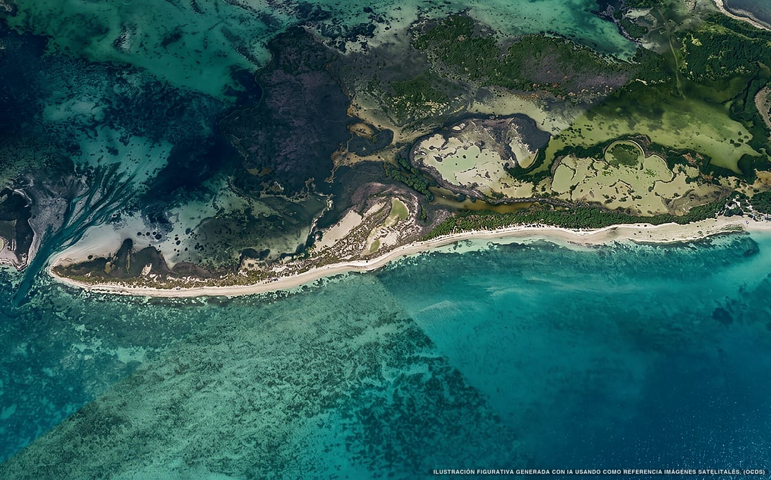 Illustrazione aerea della spiaggia Cayo Cahum, Holbox, Caraibi messicani