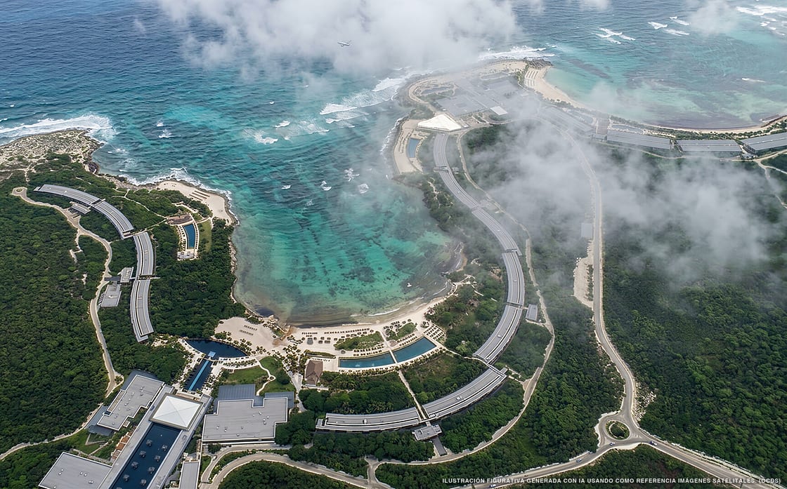 Illustrazione aerea della spiaggia Chemuyil Norte, Akumal, Caraibi messicani