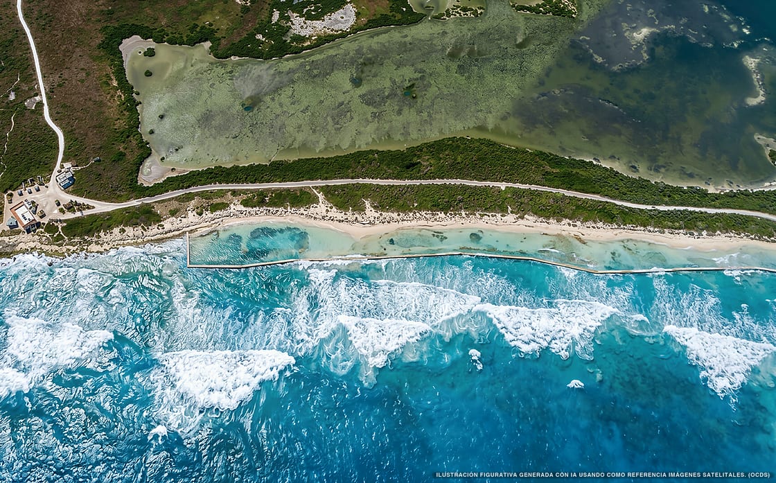 Illustrazione aerea della spiaggia Eco Beach, Cozumel, Caraibi messicani