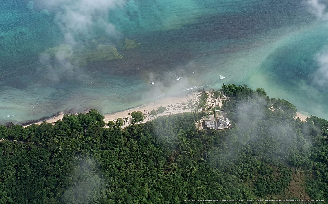 Illustrazione aerea della spiaggia El Faro, Punta Allen, Caraibi messicani