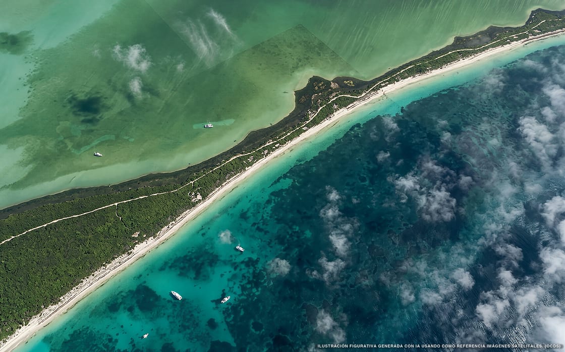 Illustrazione aerea della spiaggia Hacienda Palancar, Sian Kaan, Caraibi messicani