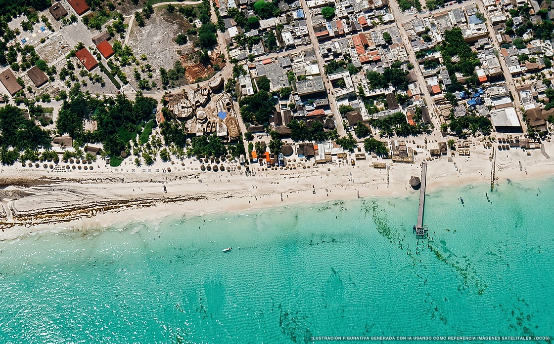 Illustration aérienne de la plage Holbox Norte, Holbox, Caraïbes mexicaines