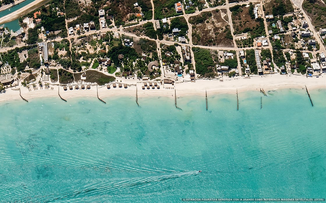 Illustration aérienne de la plage Holbox Sur, Holbox, Caraïbes mexicaines