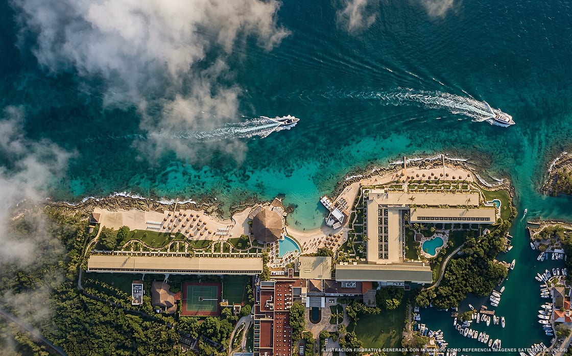 Ilustración aérea de la playa Intercontinental Cozumel, Cozumel, Caribe Mexicano