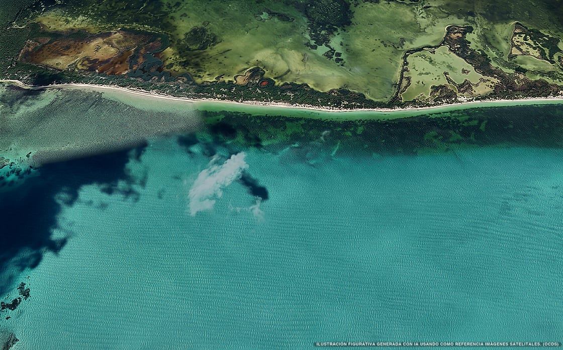 Illustrazione aerea della spiaggia Isla Cabo Cantoche, Holbox, Caraibi messicani