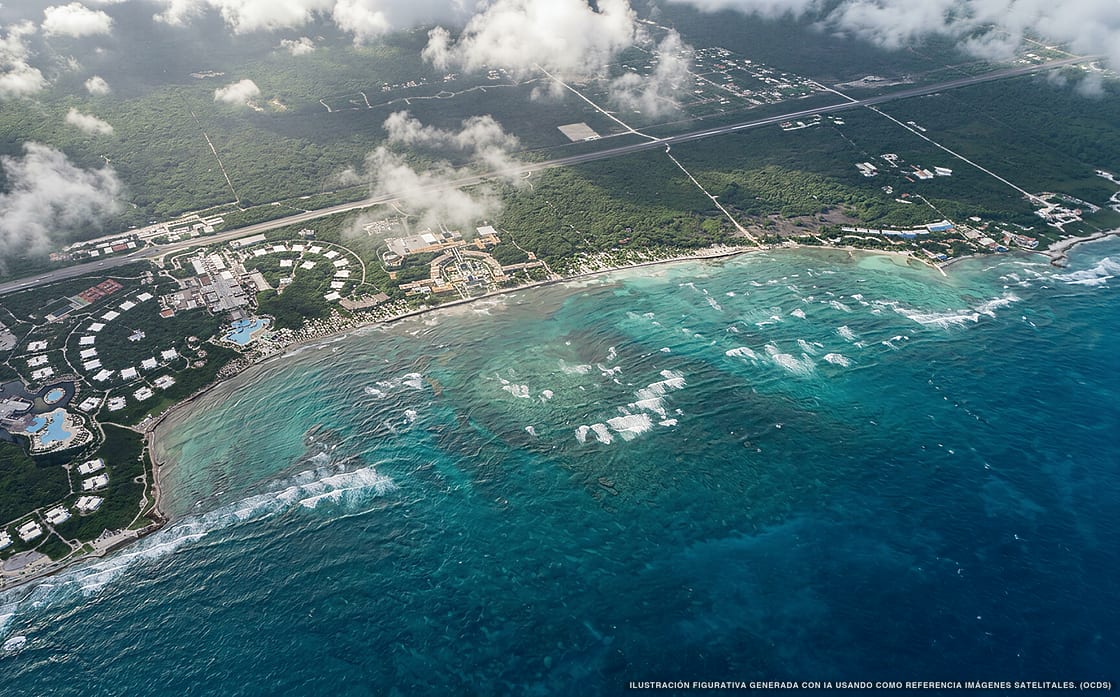Illustration aérienne de la plage Kantenah, Riviera Maya, Caraïbes mexicaines
