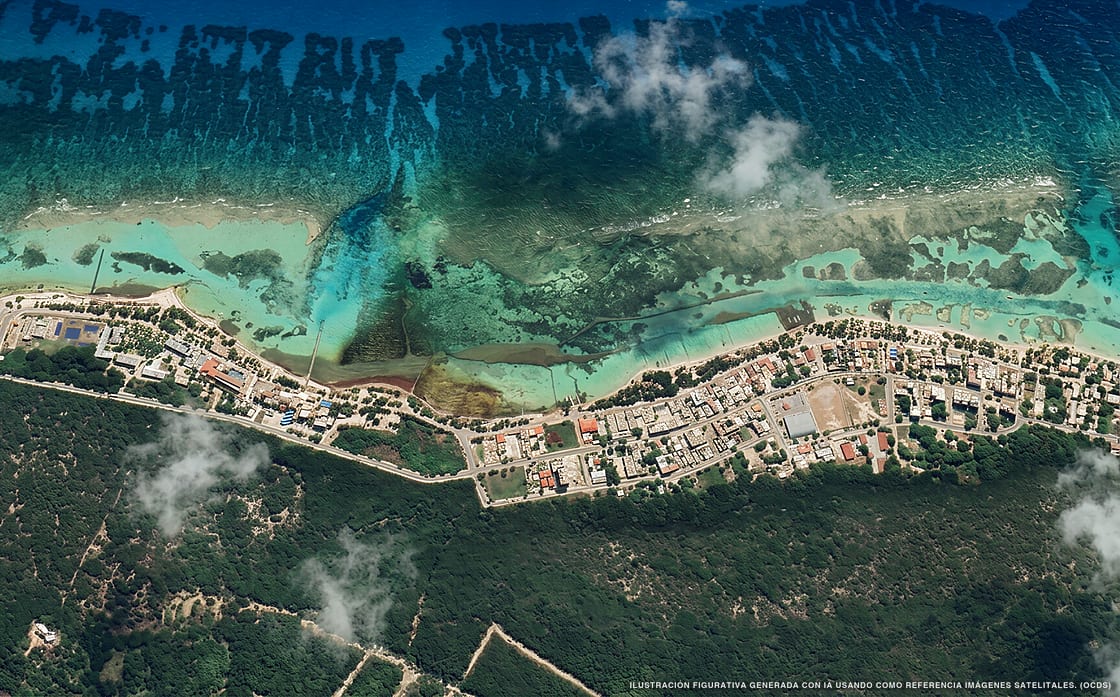 Ilustración aérea de la playa Mahahual Centro, Mahahual, Caribe Mexicano
