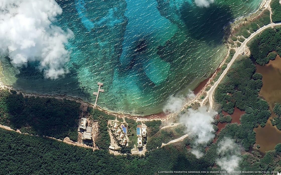 Ilustración aérea de la playa Mahahual Norte, Mahahual, Caribe Mexicano