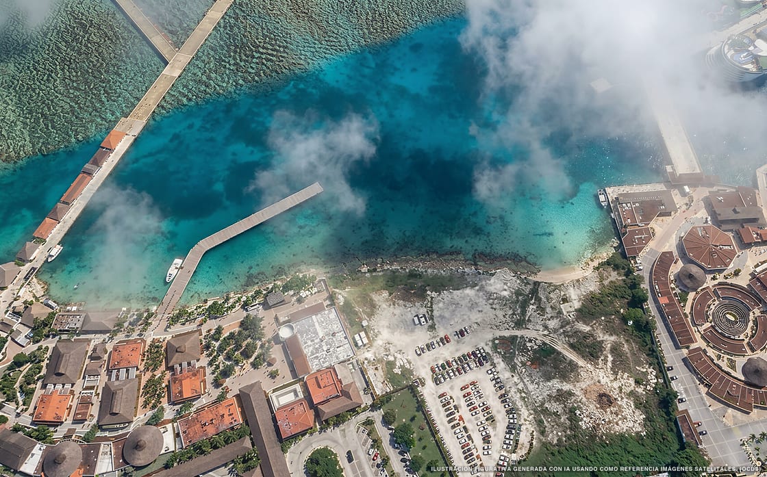 Illustrazione aerea della spiaggia Muelle Cozumel, Cozumel, Caraibi messicani