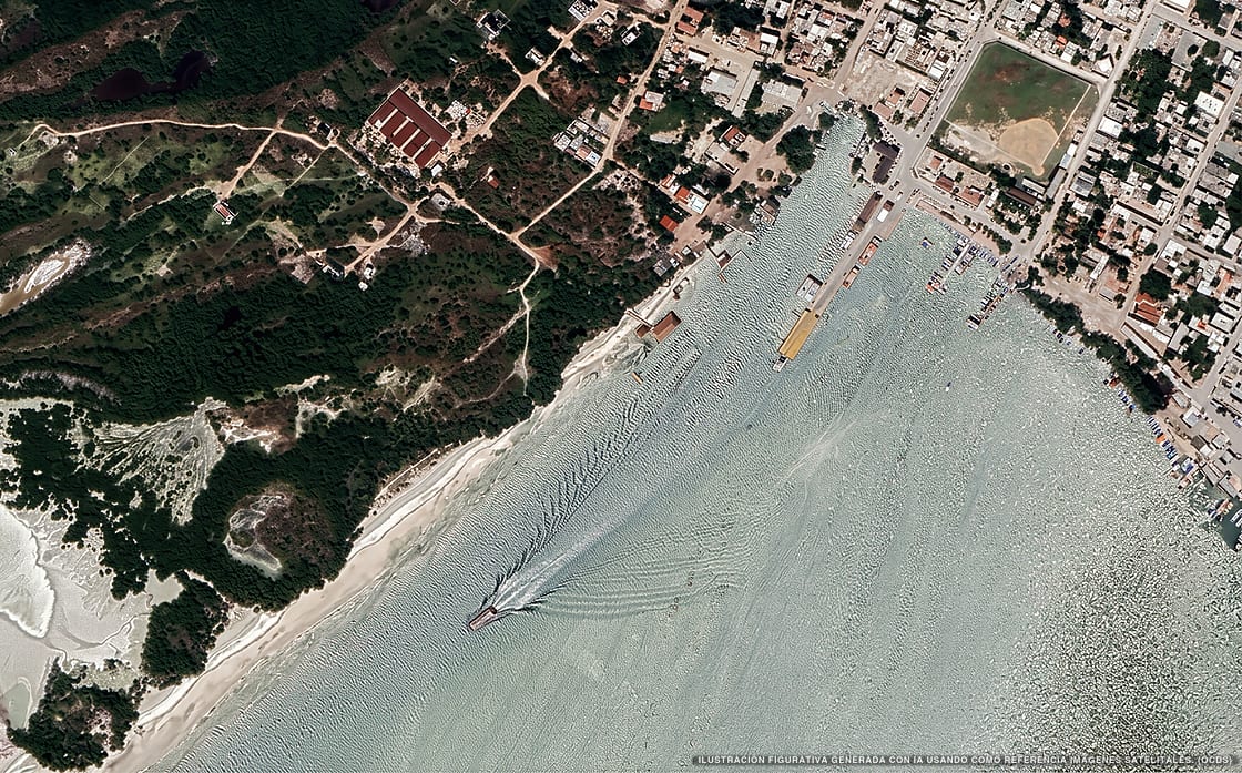 Illustrazione aerea della spiaggia Muelle Holbox, Holbox, Caraibi messicani
