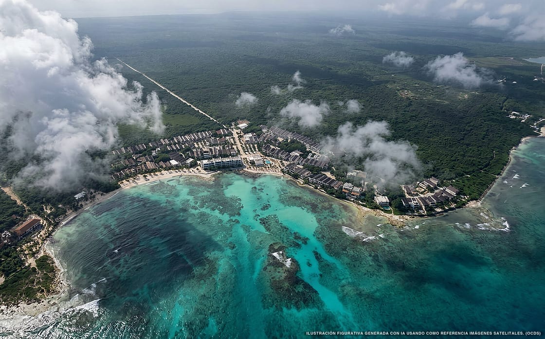 Illustrazione aerea della spiaggia Pamul, Riviera Maya, Caraibi messicani