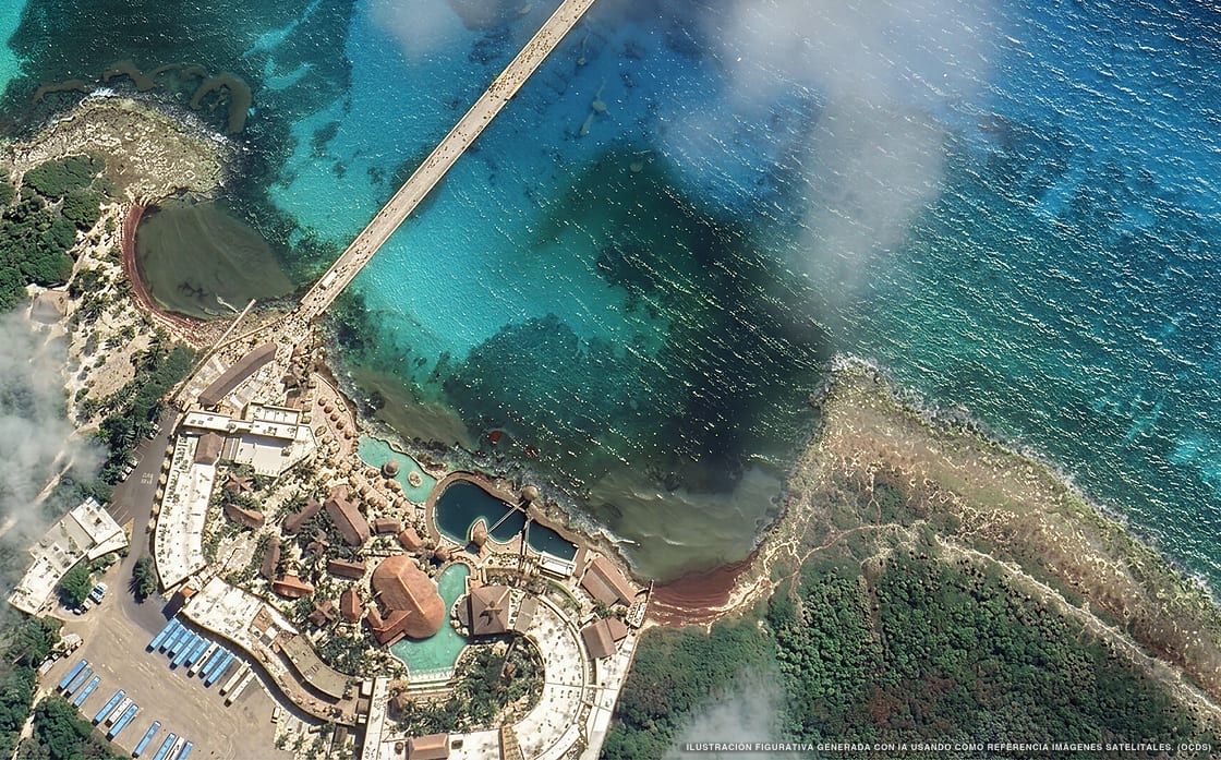 Ilustración aérea de la playa Parque Costa Maya, Mahahual, Caribe Mexicano