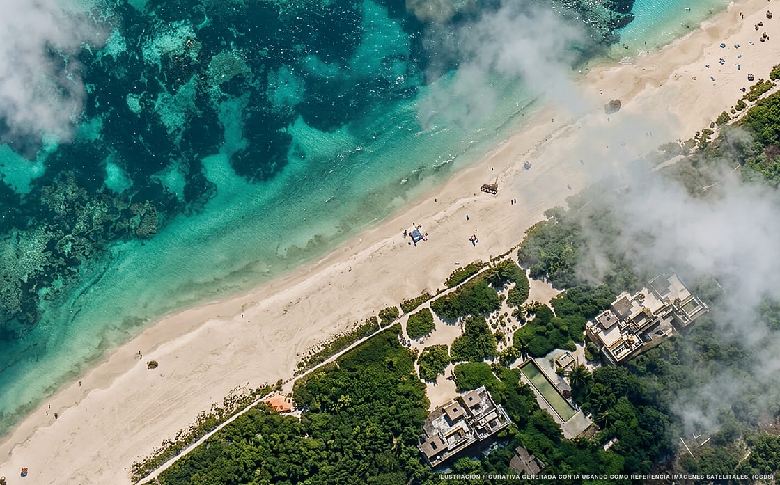 Ilustração aérea da praia Playa 72 Colosio, Playa del Carmen, Caribe Mexicano