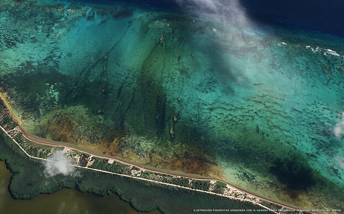 Illustrazione aerea della spiaggia Playa Albatros, Costa Maya, Caraibi messicani