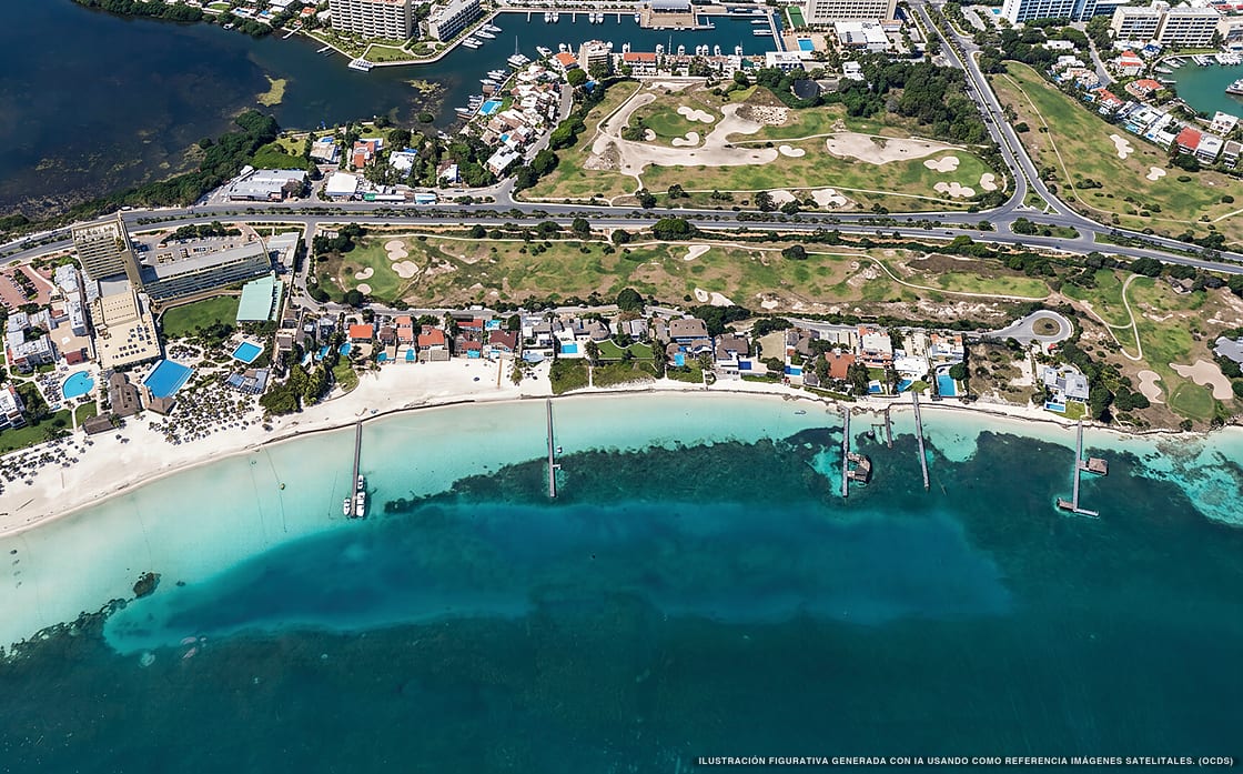 Illustration aérienne de la plage Playa Ancha, Cancún, Caraïbes mexicaines