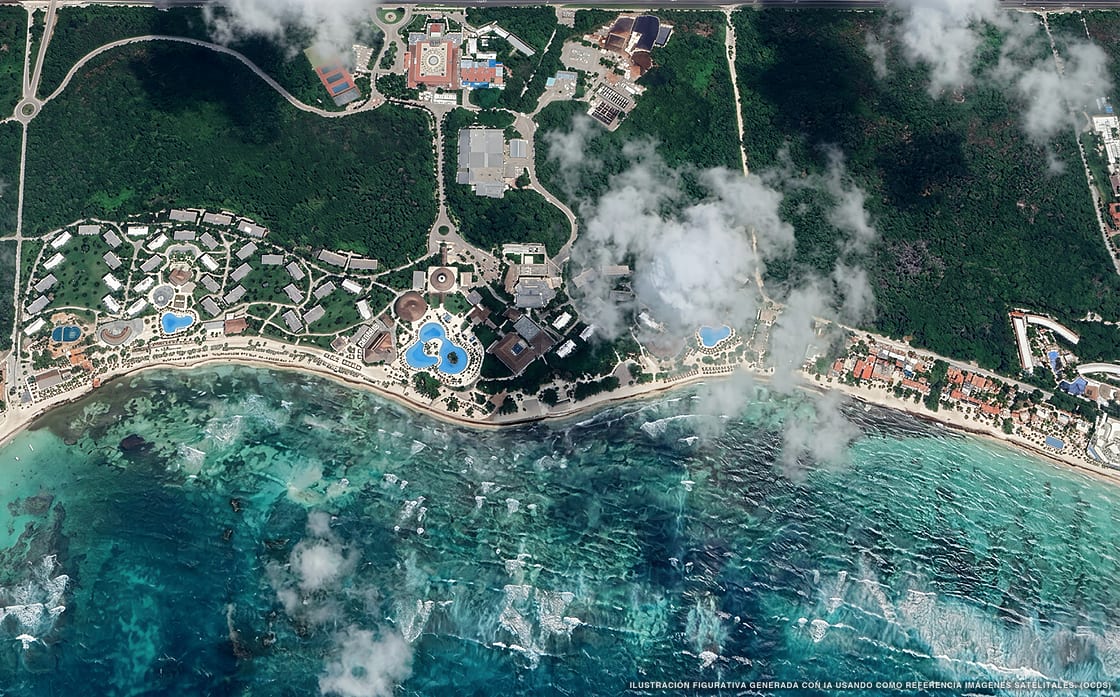 Illustrazione aerea della spiaggia Playa Aventuras, Akumal, Caraibi messicani