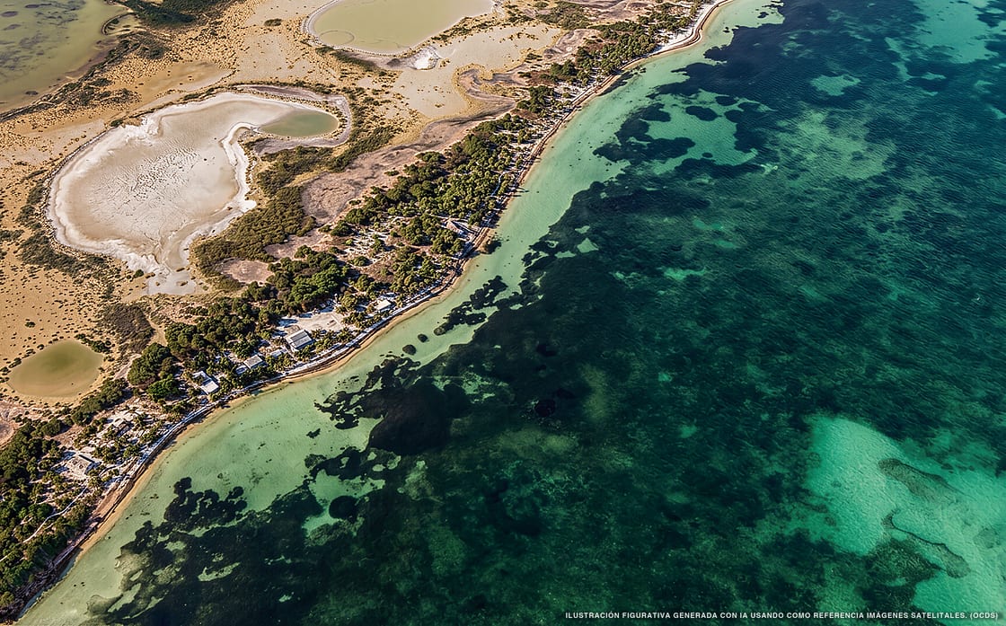 Illustrazione aerea della spiaggia Playa Boca Iglesia, Costa Mujeres, Caraibi messicani