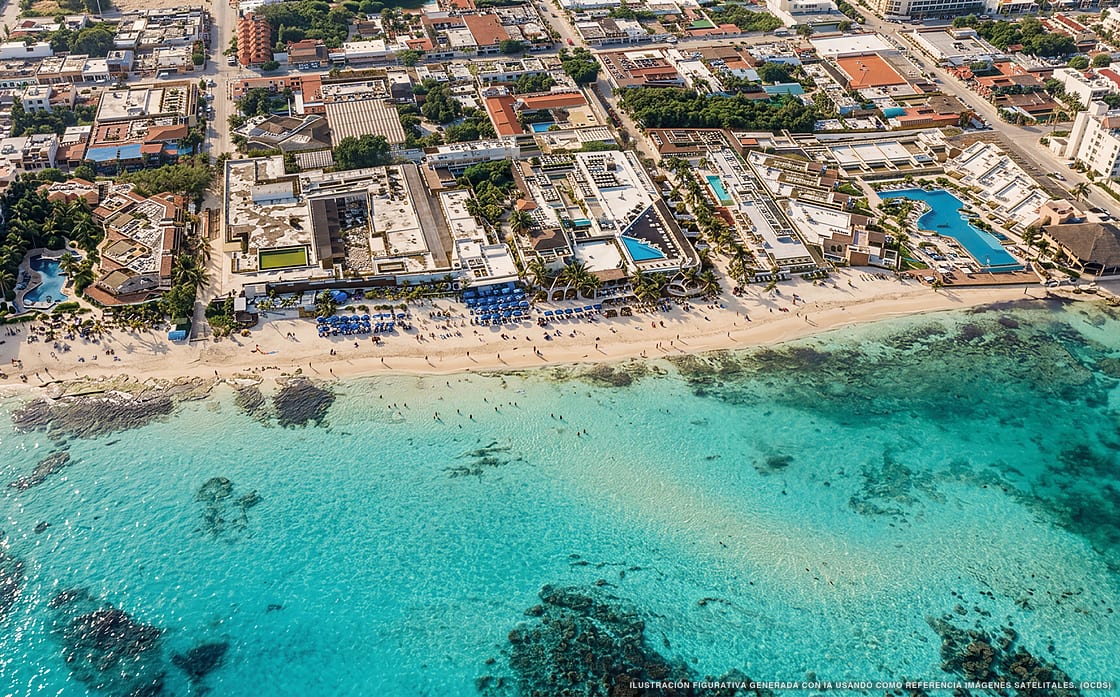 Illustration aérienne de la plage Playa Calle 8, Playa del Carmen, Caraïbes mexicaines