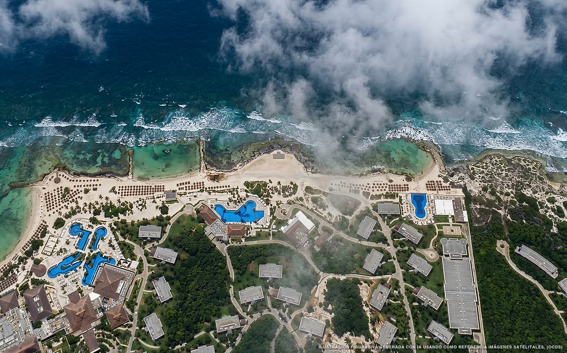 Illustrazione aerea della spiaggia Playa Coba, Akumal, Caraibi messicani
