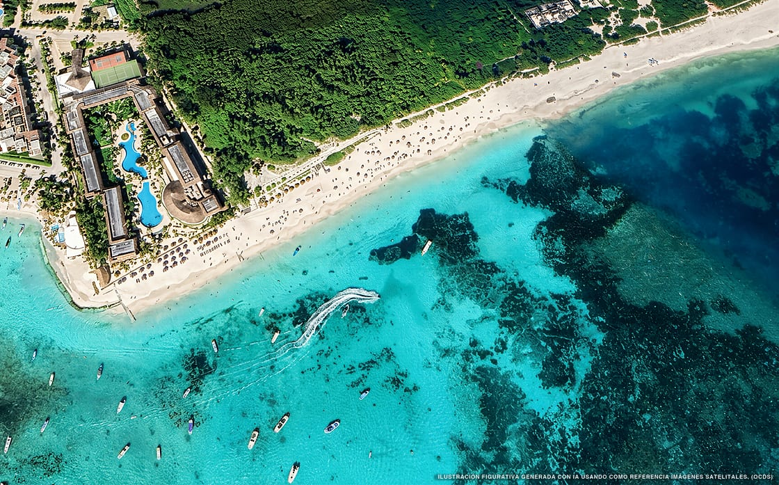 Illustration aérienne de la plage Playa Cocos, Playa del Carmen, Caraïbes mexicaines