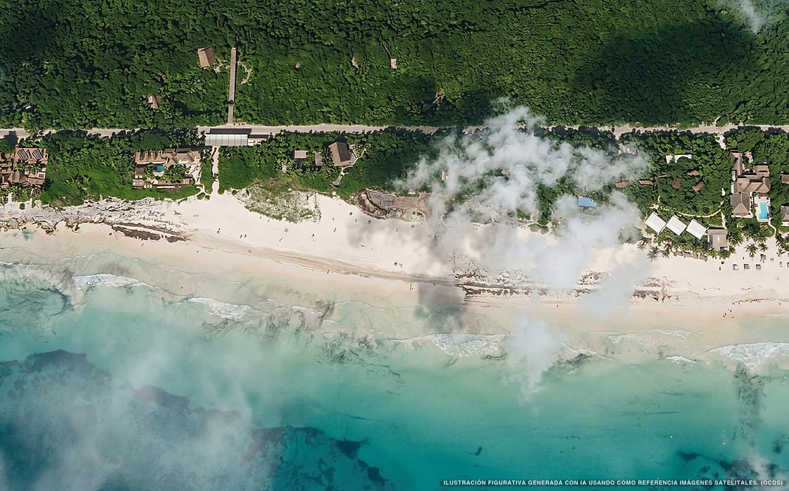 Illustrazione aerea della spiaggia Playa Condesa, Tulum, Caraibi messicani