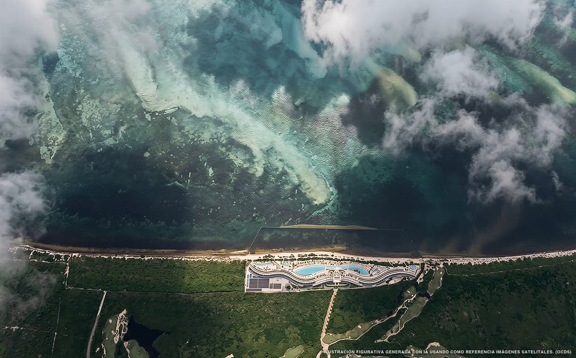 Illustration aérienne de la plage Playa Coral II, Cancún, Caraïbes mexicaines