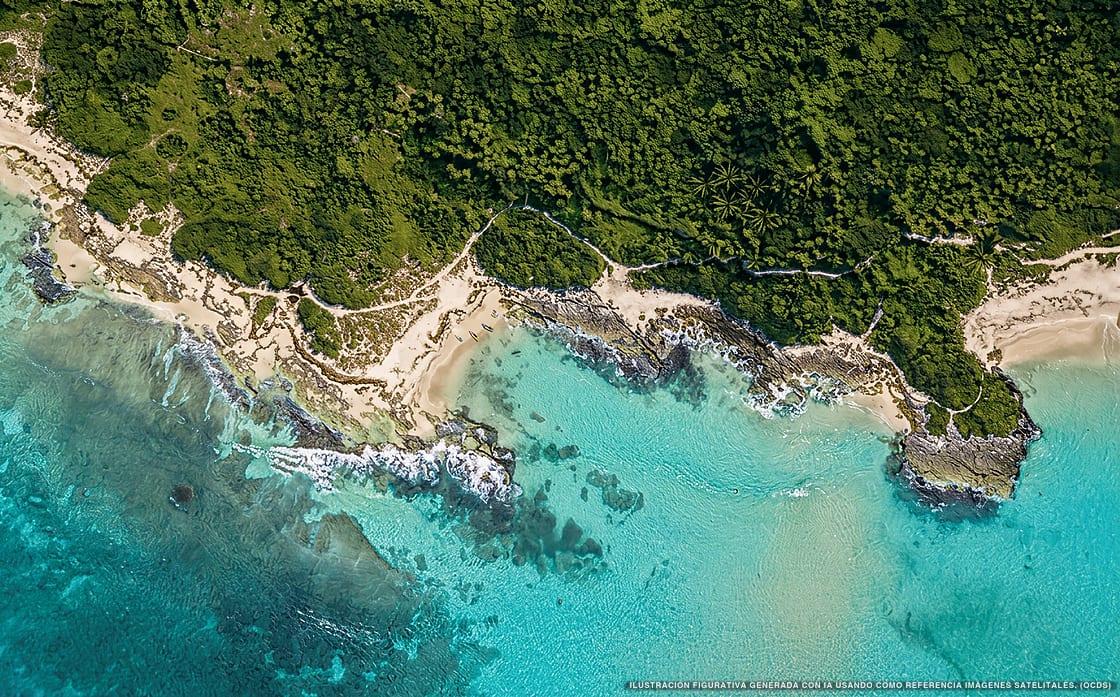 Illustrazione aerea della spiaggia Playa del Pecado, Playa del Carmen, Caraibi messicani