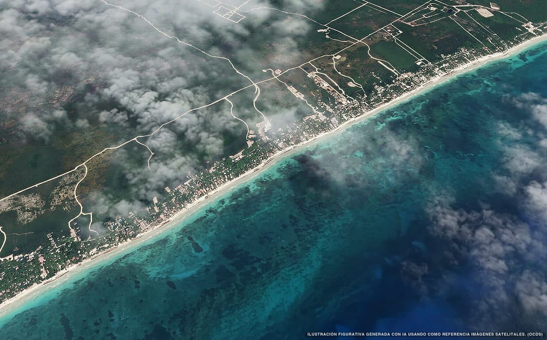 Illustrazione aerea della spiaggia Playa del Pueblo, Tulum, Caraibi messicani
