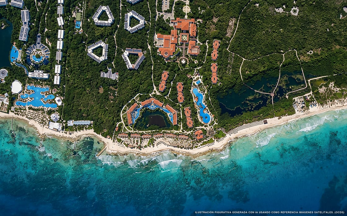 Illustration aérienne de la plage Playa del Secreto, Puerto Morelos, Caraïbes mexicaines