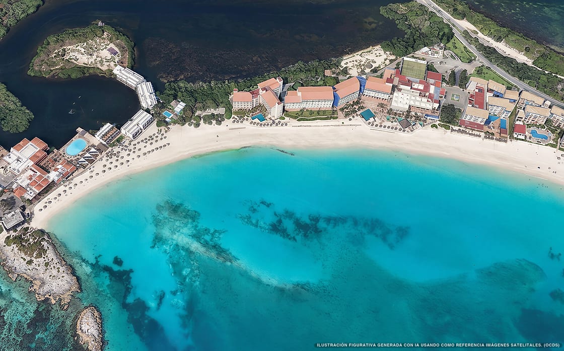 Illustration aérienne de la plage Playa Delfin, Cancún, Caraïbes mexicaines