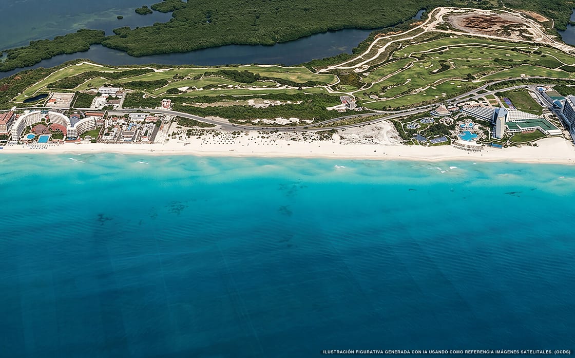 Illustrazione aerea della spiaggia Playa Delfines, Cancún, Caraibi messicani