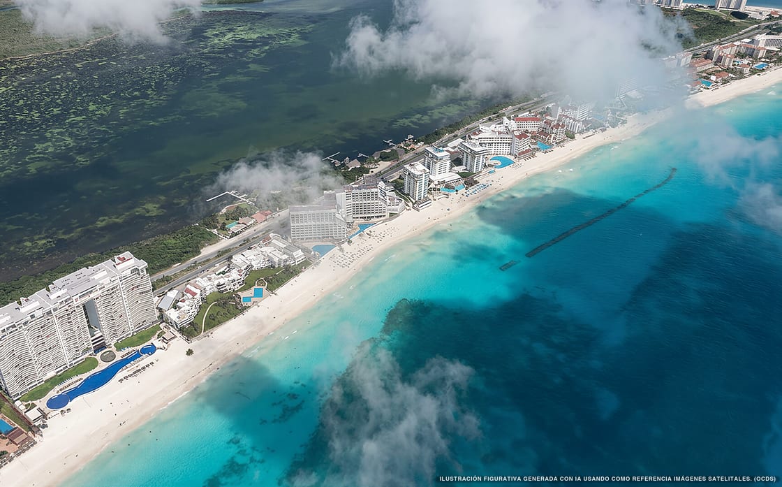 Illustration aérienne de la plage Playa Delfines Sur, Cancún, Caraïbes mexicaines