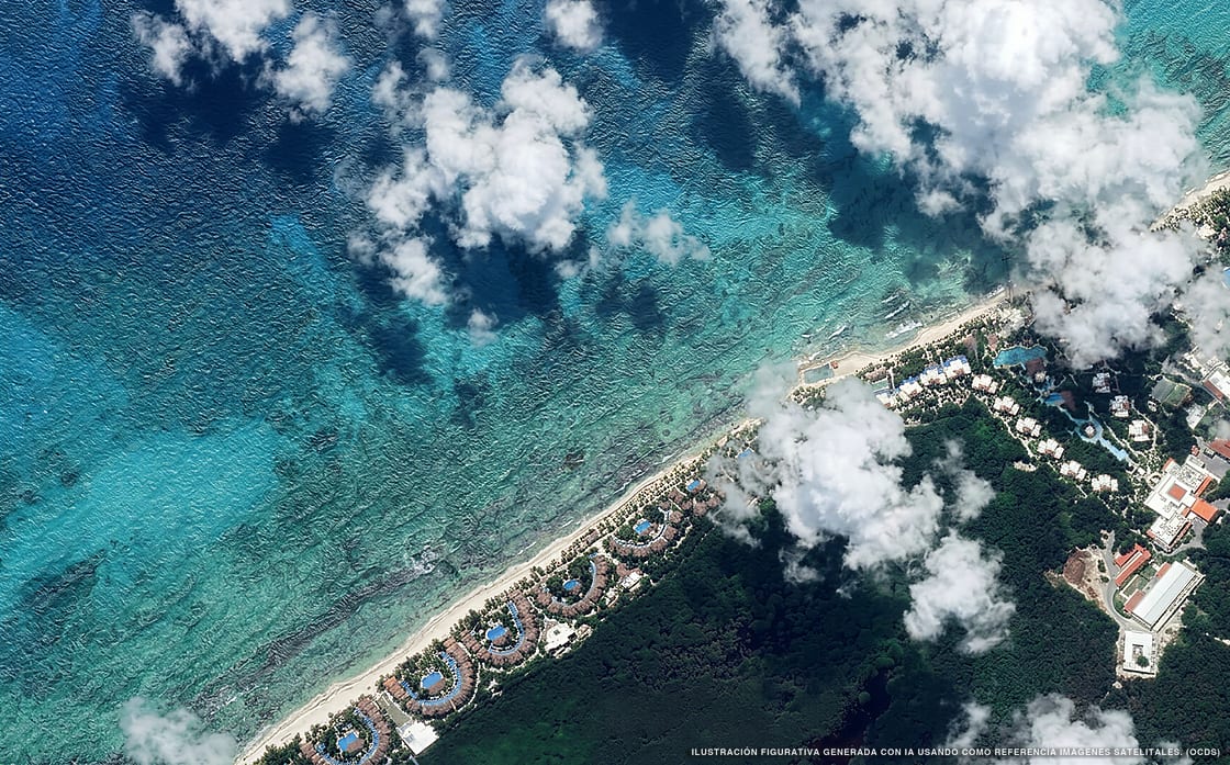 Illustrazione aerea della spiaggia Playa El Dorado, Puerto Morelos, Caraibi messicani