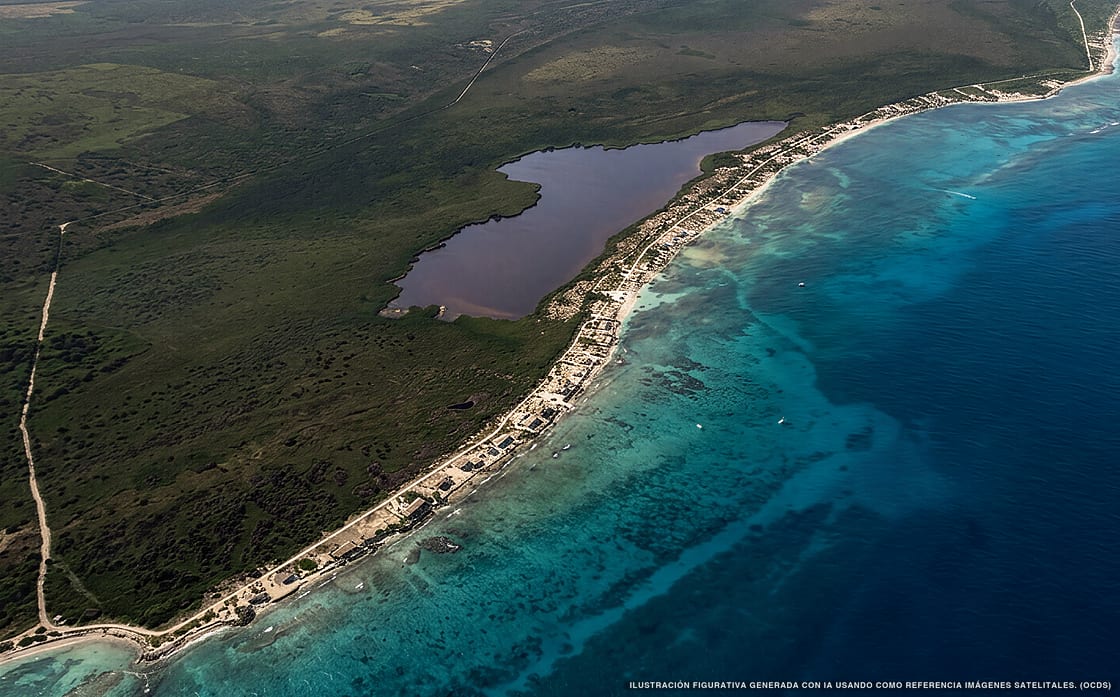 Illustrazione aerea della spiaggia Playa El Placer, Costa Maya, Caraibi messicani