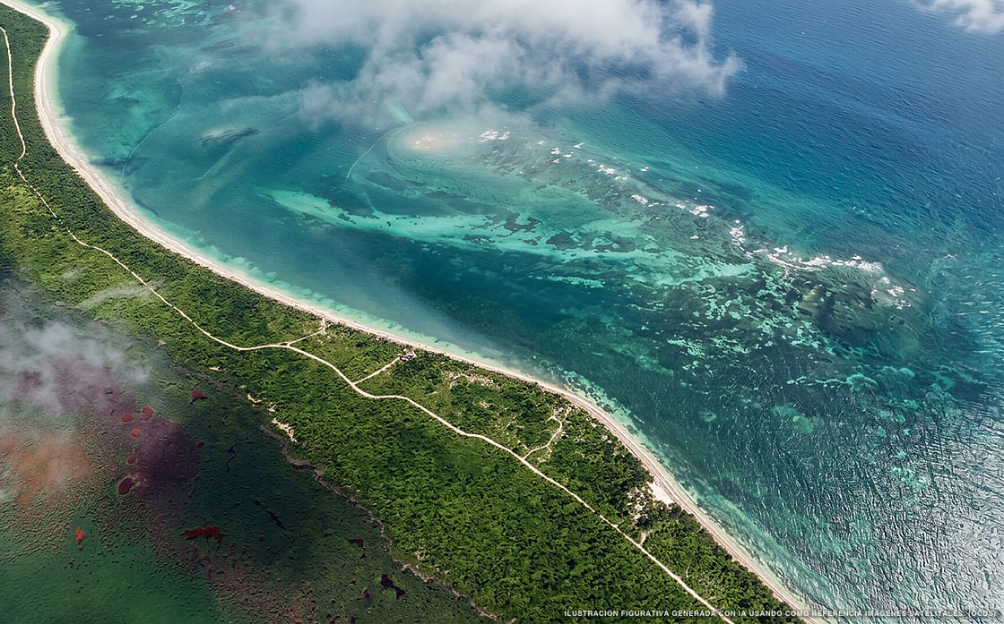 Illustrazione aerea della spiaggia Playa El Silencio, Sian Kaan, Caraibi messicani