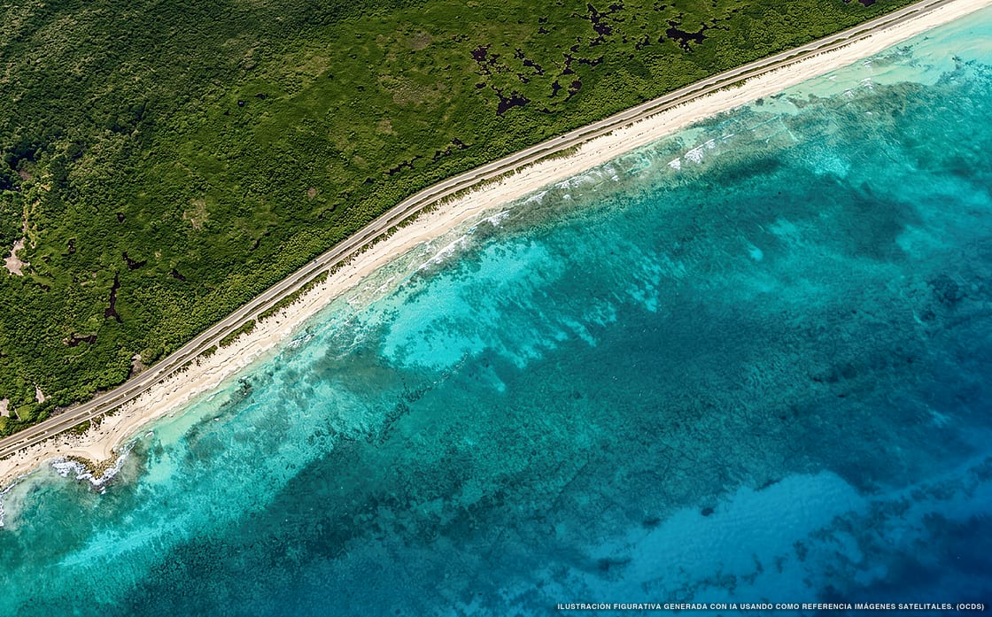 Illustration aérienne de la plage Playa Encantada, Cozumel, Caraïbes mexicaines