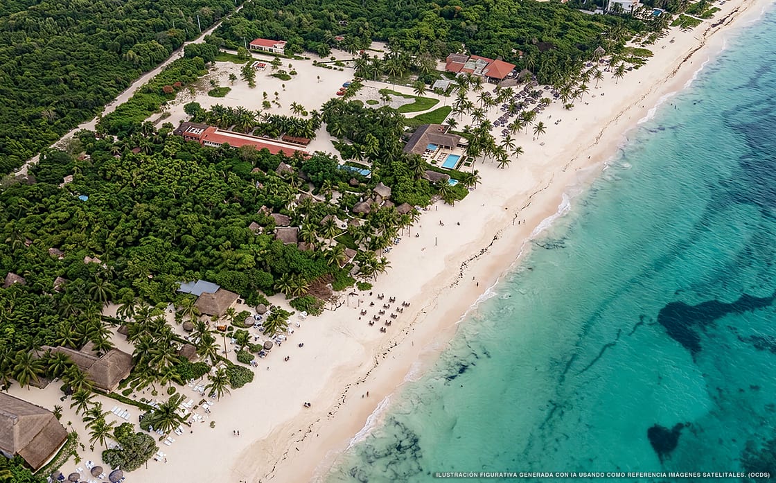Illustration aérienne de la plage Playa Esperanza, Tulum, Caraïbes mexicaines
