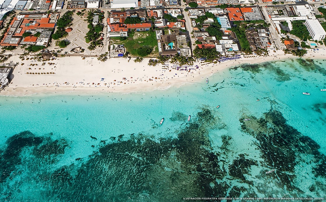 Illustrazione aerea della spiaggia Playa Fundadores, Playa del Carmen, Caraibi messicani