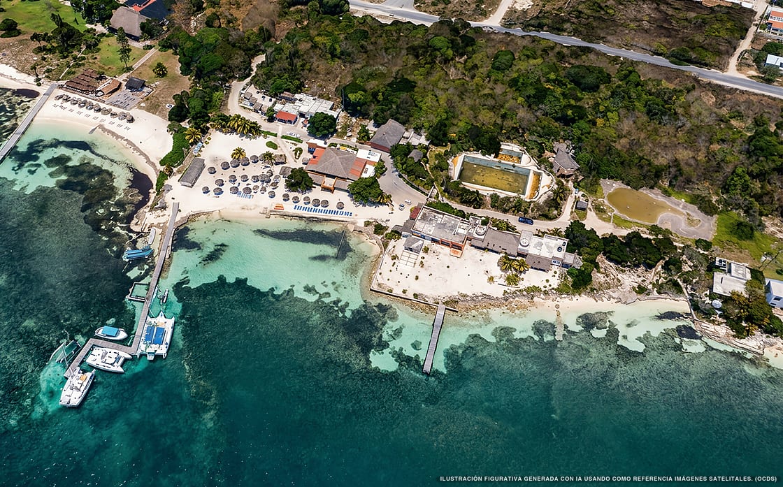 Illustration aérienne de la plage Playa Garrafón, Isla Mujeres, Caraïbes mexicaines