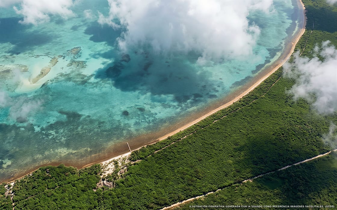 Illustration aérienne de la plage Playa Huache Sur, Xcalak, Caraïbes mexicaines