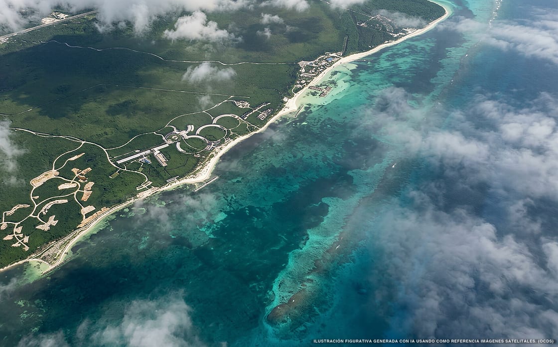 Illustrazione aerea della spiaggia Playa Kanai, Puerto Morelos, Caraibi messicani